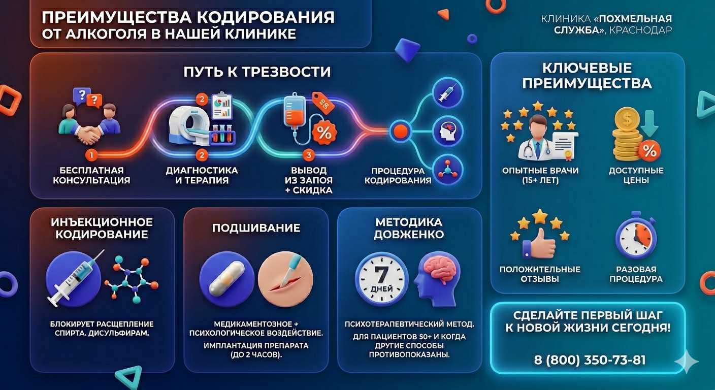 Инфографика о методах кодирования от алкоголя в Межводном: инъекции, подшивание, метод Довженко. Преимущества клиники и этапы лечения.
