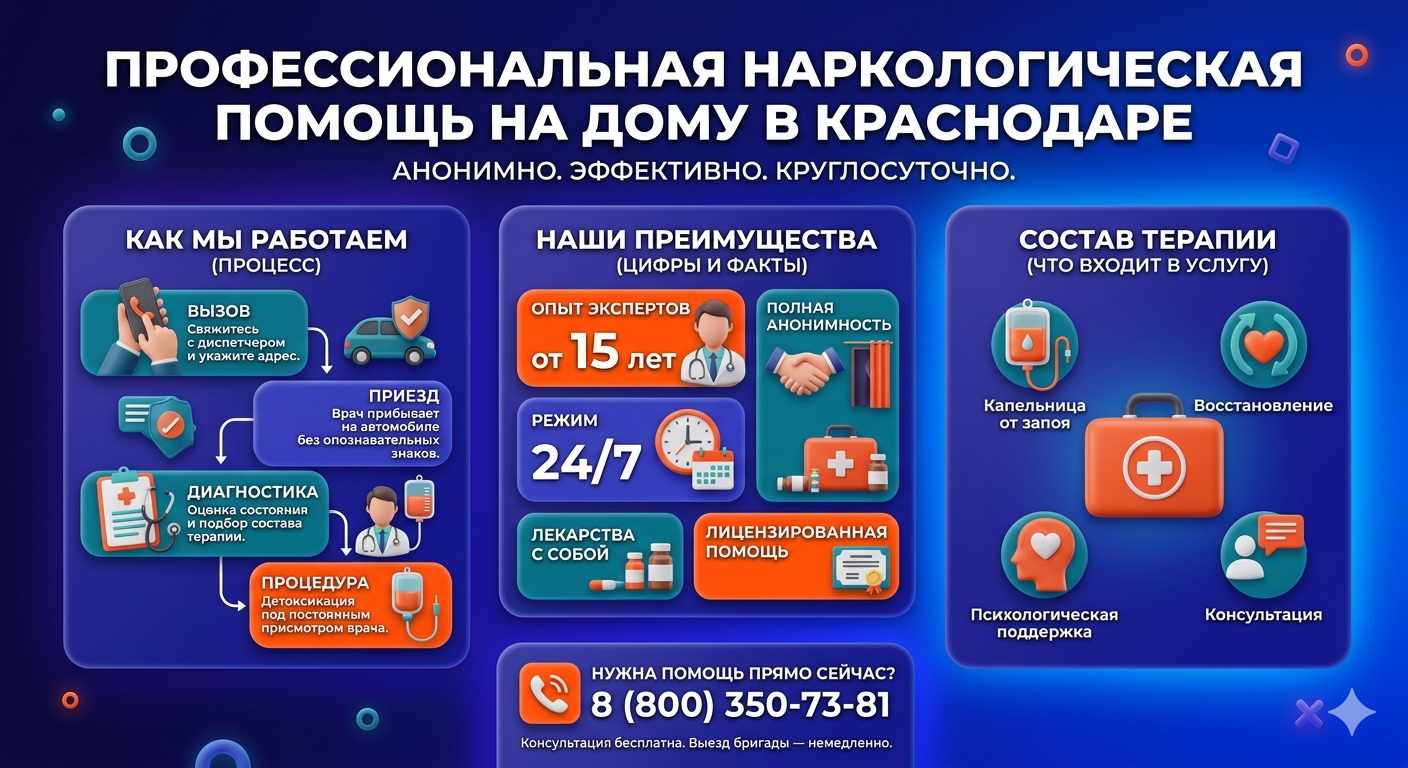 Инфографика о принципах лечения алкоголизма на дому в Межводном: этапы вызова нарколога, преимущества анонимной детоксикации и состав медицинской помощи.